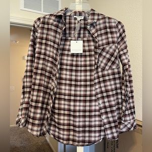 Black, red and white plaid button up